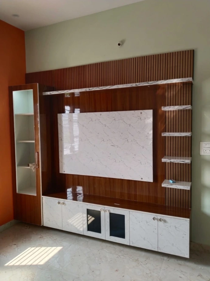 Custom wooden TV unit wall design for modern living rooms in Bangalore